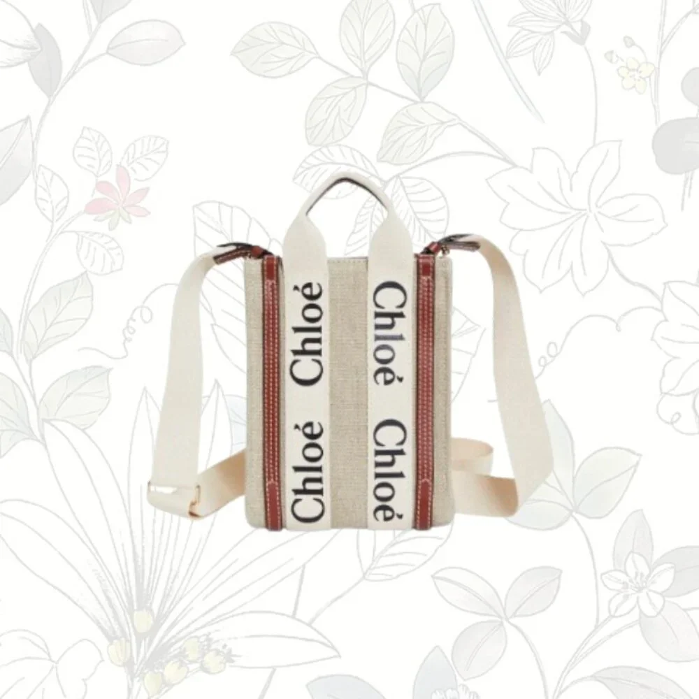 Chloé Mini Woody Linen Canvas North/South Tote- White-Brown